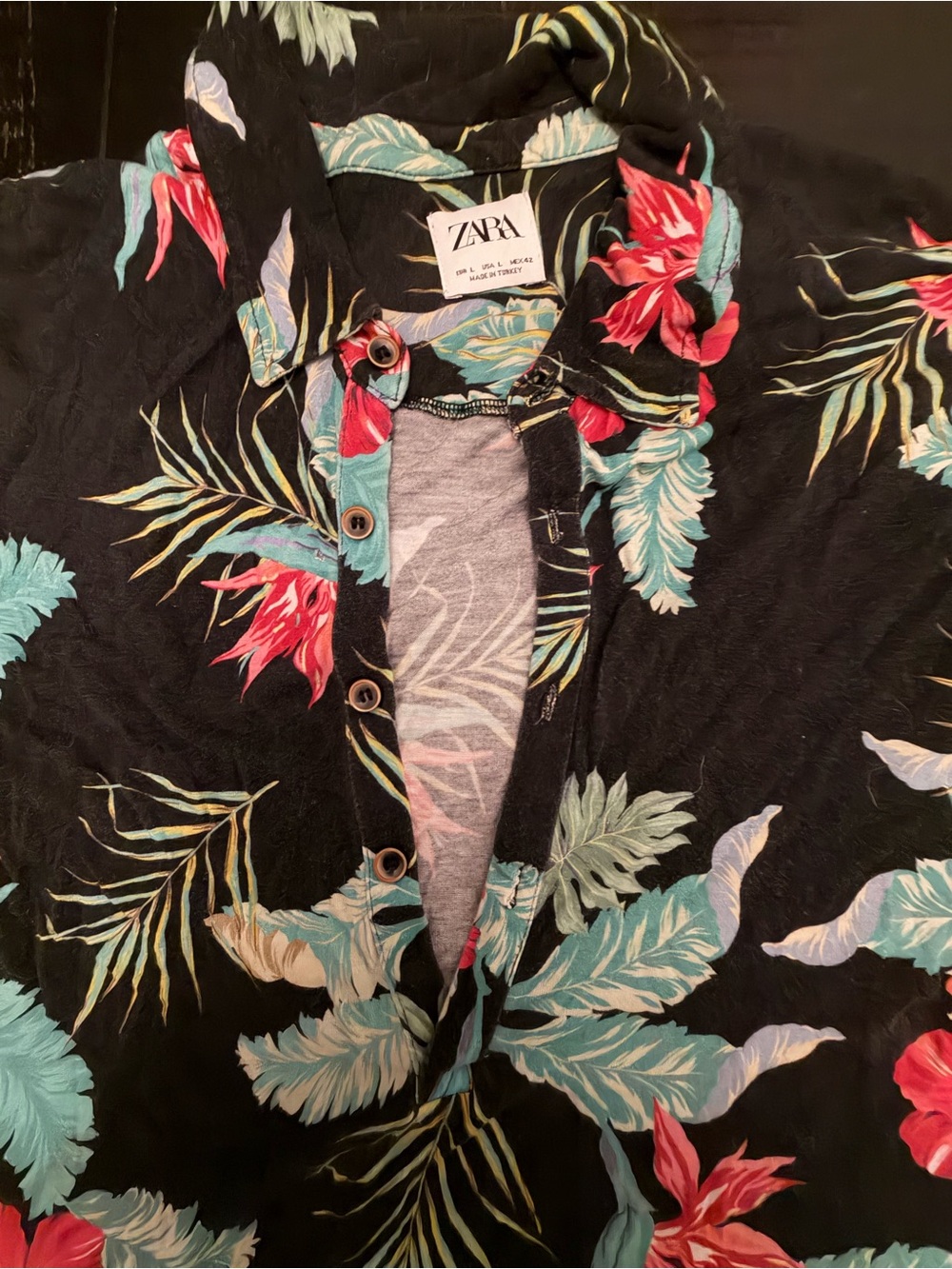 Zara Black Tropical Floral Shirt with Teal & Red Accents